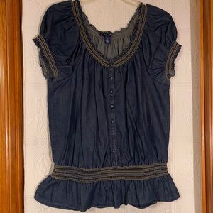 Bandilinoblu light weight denim scoop round neck bottom down top.